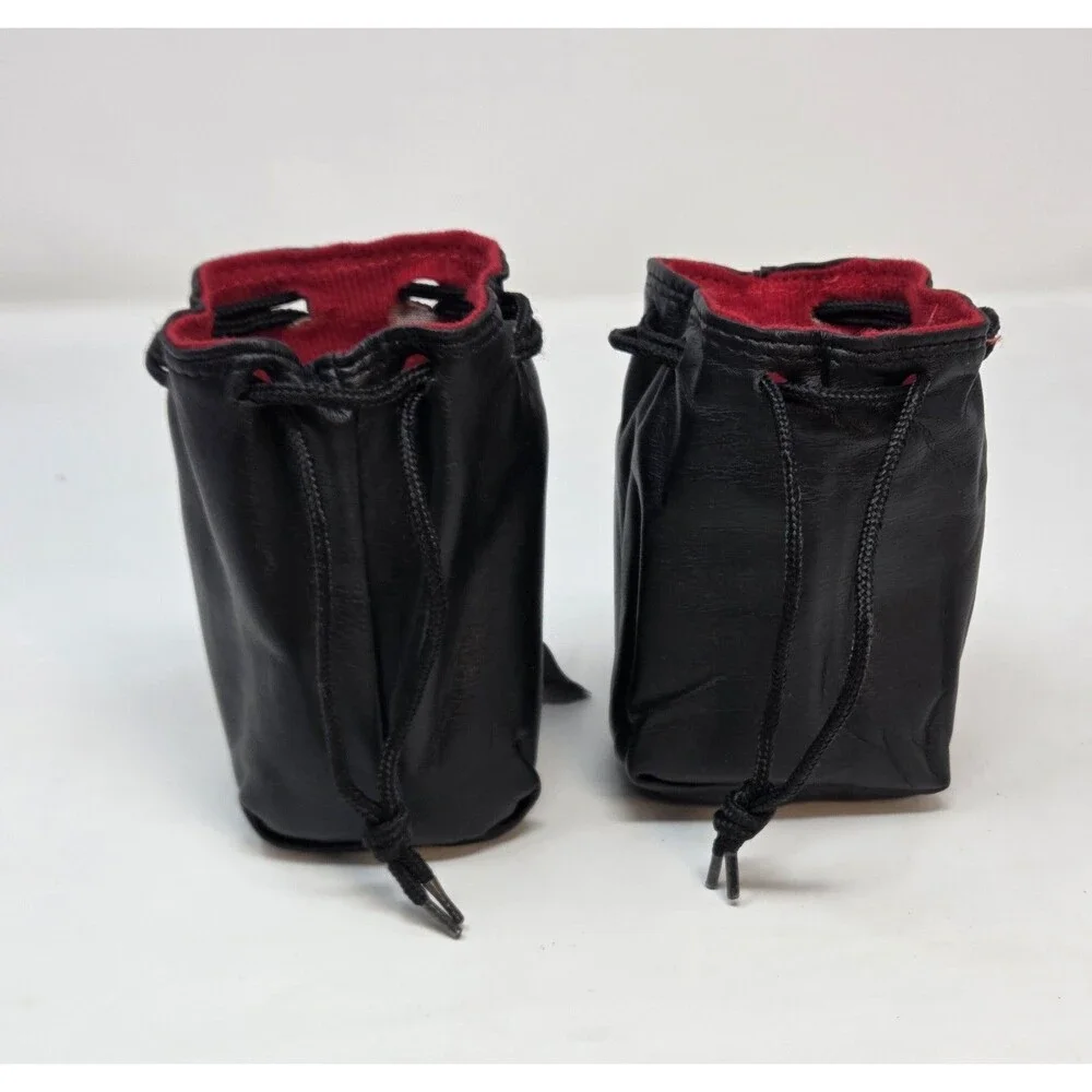 Vintage Black Leather Drawstring Camera Lens Pouches Red Lined Pair Made Korea